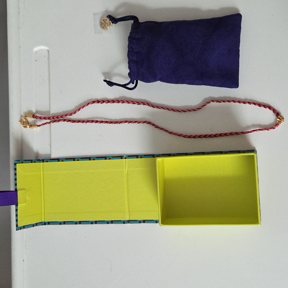 Tory Burch Gift Set Geometric Blue and Yellow Box Jewelry Bag and Rope Necklace